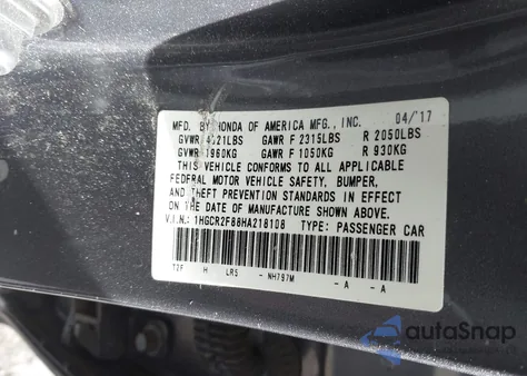 2017 Honda Accord Ex-L из США, поврежденный, VIN 1HGCR2F88HA218108